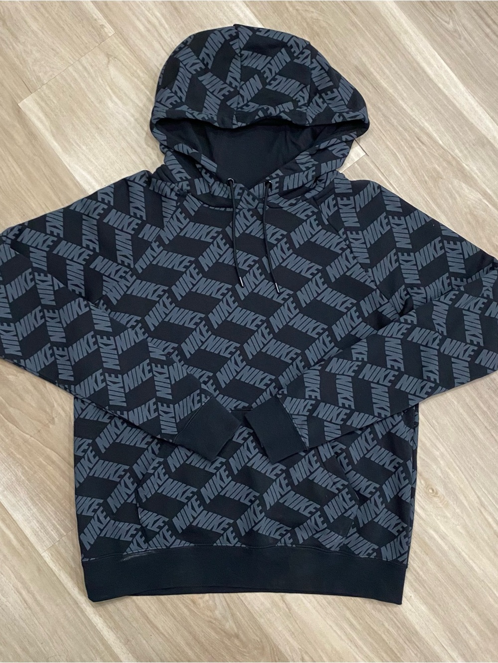 Nike Hoodie Mens Small S Black All Over Print Spellout Logo Fleece Pullover